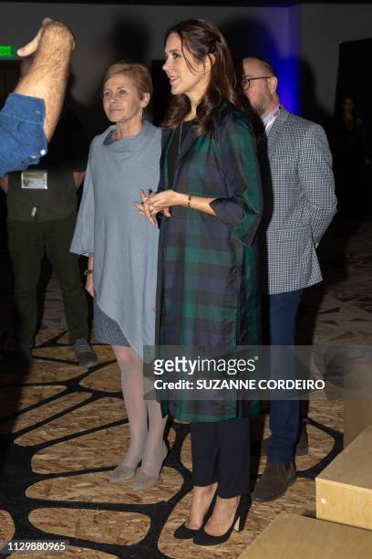 Crown Princess Mary of Denmark visits the SXSW SEMEION Danish Art Installation by Circus Circuit at the JW Marriott Hotel on March 11, 2019 in...