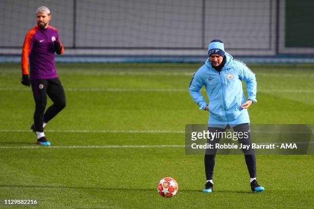 Pep Guardiola the head coach / manager of Manchester City during the Manchester City Press Conference & Training Session ahead of their UEFA...