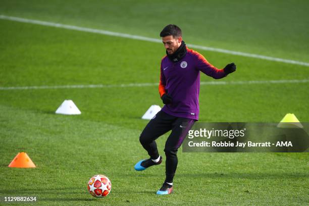 David Silva of Manchester City during the Manchester City Press Conference & Training Session ahead of their UEFA Champions League Round of 16 Second...
