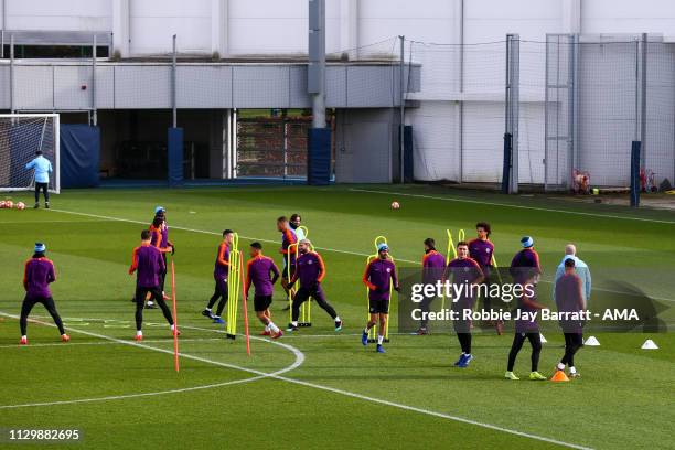 General view as players of Manchester City train during the Manchester City Press Conference & Training Session ahead of their UEFA Champions League...