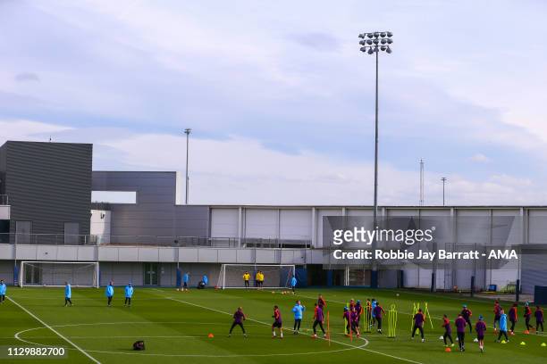 General view as players of Manchester City train during the Manchester City Press Conference & Training Session ahead of their UEFA Champions League...