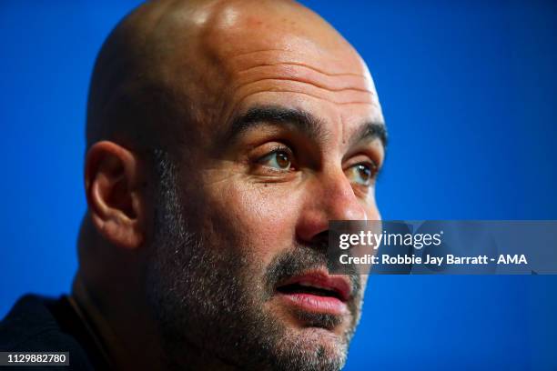 Pep Guardiola the head coach / manager of Manchester City during the Manchester City Press Conference & Training Session ahead of their UEFA...