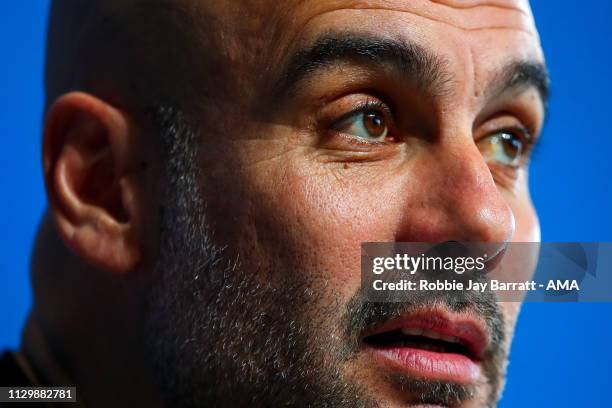 Pep Guardiola the head coach / manager of Manchester City during the Manchester City Press Conference & Training Session ahead of their UEFA...