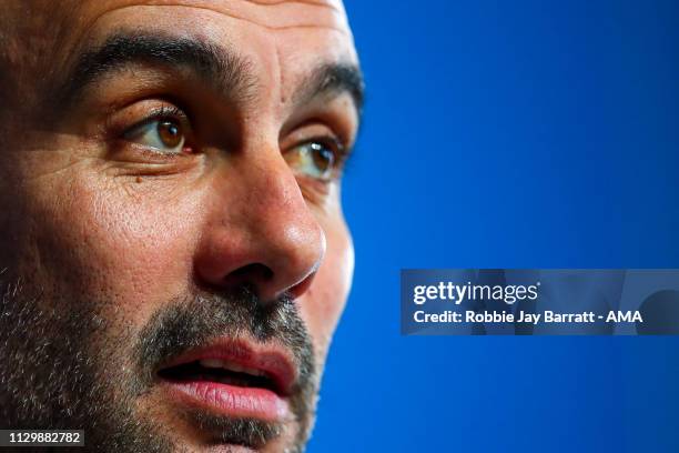 Pep Guardiola the head coach / manager of Manchester City during the Manchester City Press Conference & Training Session ahead of their UEFA...