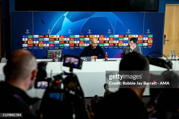 Pep Guardiola the head coach / manager of Manchester City during the Manchester City Press Conference & Training Session ahead of their UEFA...