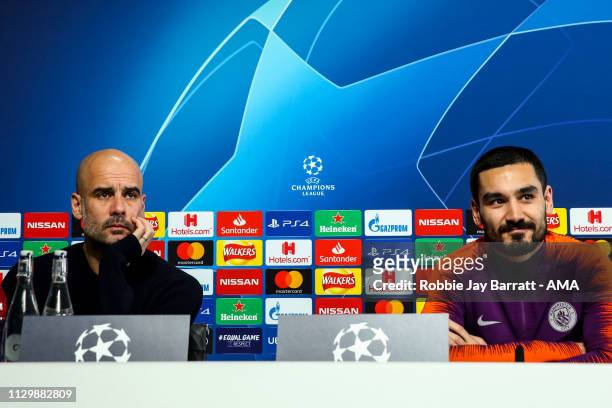 Ilkay Gundogan of Manchester City and Pep Guardiola the head coach / manager of Manchester City during the Manchester City Press Conference &...