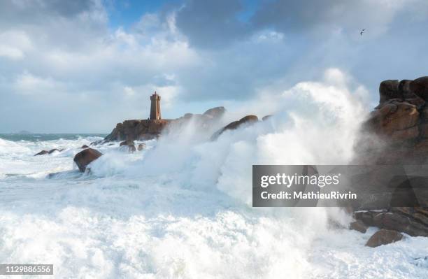 storm in ploumanach and the "cote de granite rose" - impression forte stock pictures, royalty-free photos & images