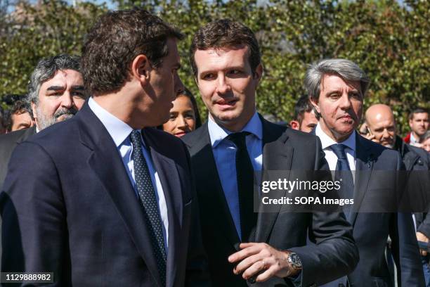 Albert Rivera , Pablo Casado and Angel Garrido seen attending the event of The Association of Victims of Terrorism in the El Retiro Park in memory of...