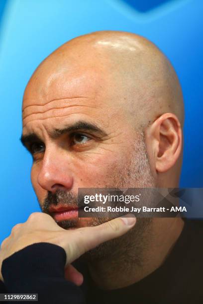 Pep Guardiola the head coach / manager of Manchester City during the Manchester City Press Conference & Training Session ahead of their UEFA...