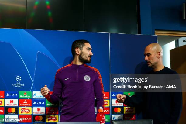 Ilkay Gundogan of Manchester City and Pep Guardiola the head coach / manager of Manchester City during the Manchester City Press Conference &...