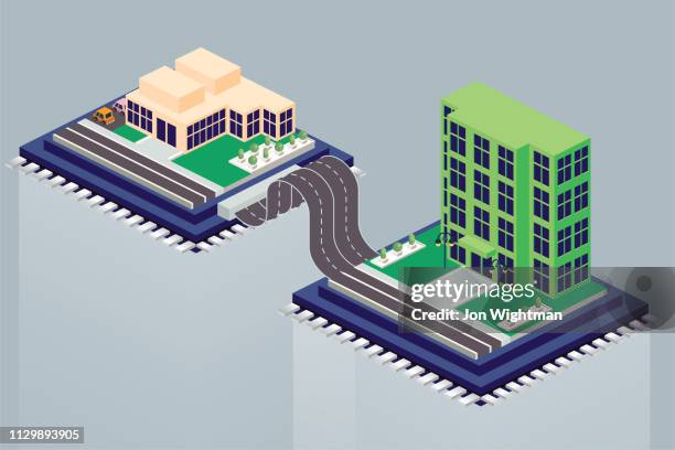 isometric building concept - connected ribbon cable tile - house backyard lights stock illustrations