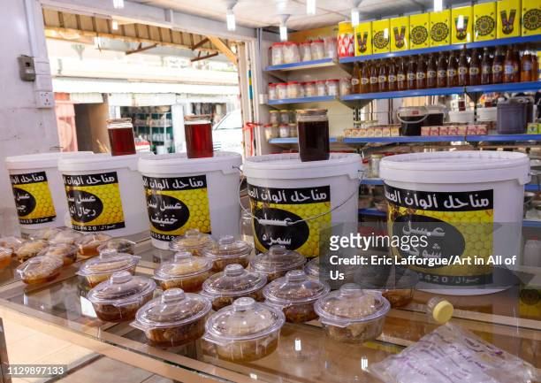 Honey and honeycombs for sale in a shop, Asir province, Abha, Saudi Arabia on December 9, 2018 in Abha, Saudi Arabia.