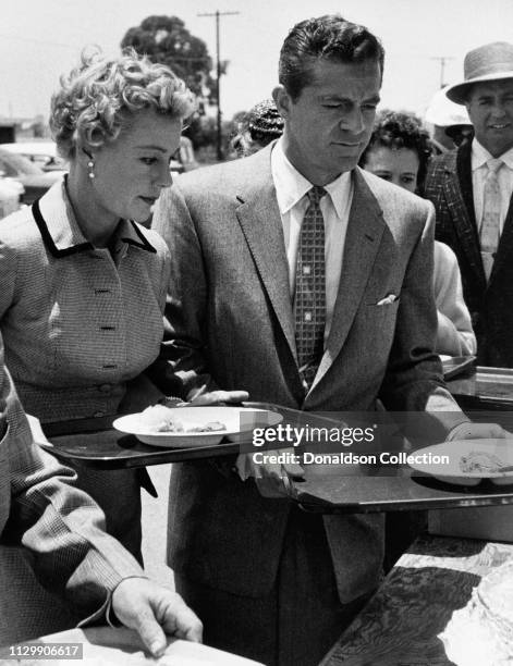 Actress Betty Hutton on set with a man in circa 1958.