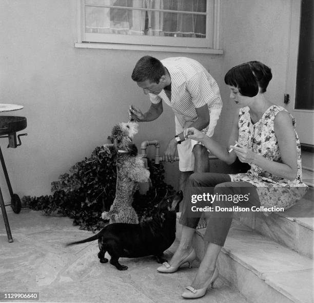 Carolyn Jones and Aaron Spelling at home with their dogs in on January 25, 1957.