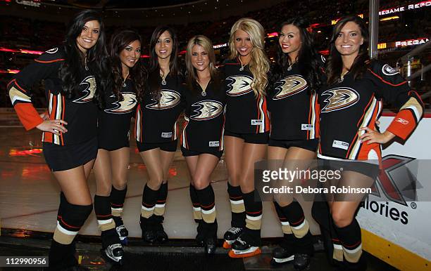 The Anaheim Ducks ice girls pose for a photo before the game between the Anaheim Ducks and the Nashville Predators in Game Five of the Western...