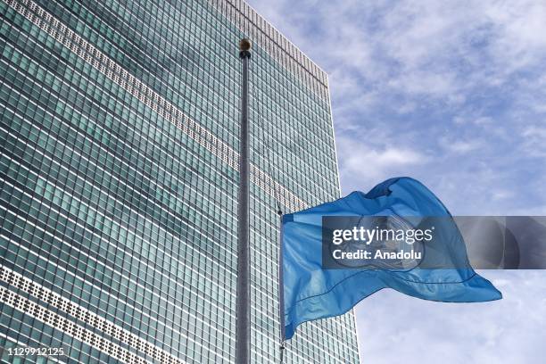 The United Nations flag is seen at half mast in memory of the victims of Ethiopian Airlines Flight ET 302 plane crash at the UN headquarters in New...