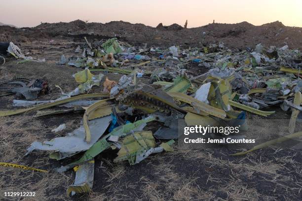 Debris lays piled up just outside the impact crater after being gathered by workers during the continuing recovery efforts at the crash site of...