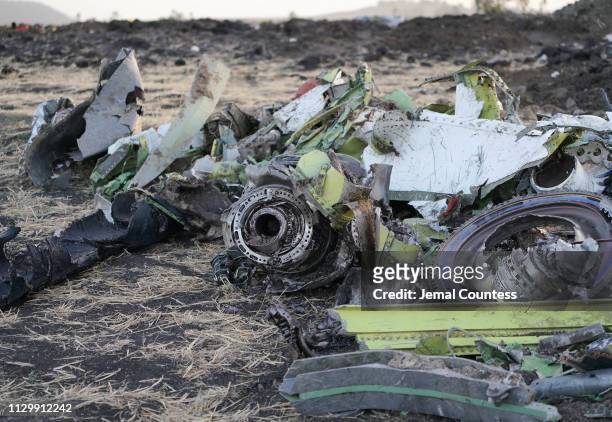 Parts of an engine and the landing gear lay in a pile after being gathered by workers during the continuing recovery efforts at the crash site of...