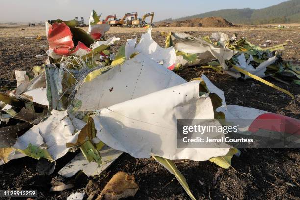 Debris lays piled up just outside the impact crater after being gathered by workers during the continuing recovery efforts at the crash site of...