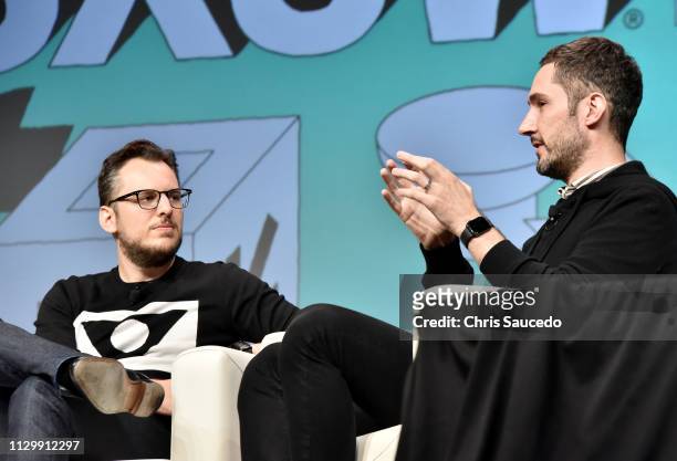 Mike Krieger and Kevin Systrom speak onstage at Interactive Keynote: Instagram Founders Kevin Systrom & Mike Krieger with Josh Constine during the...