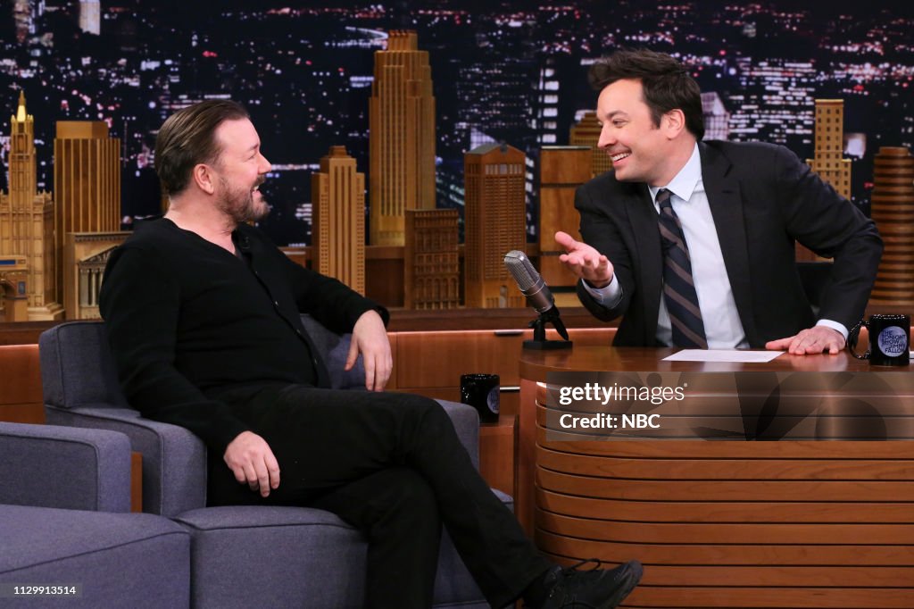 Jimmy Fallon Ricky Martin Comedian Ricky Gervais during an interview with host Jimmy Fallon on ...