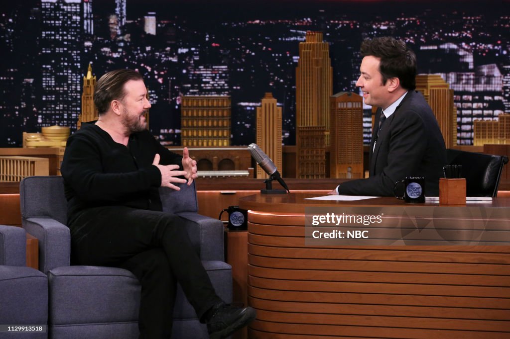 Jimmy Fallon Ricky Martin Comedian Ricky Gervais during an interview with host Jimmy Fallon on ...