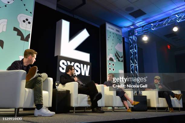 Sean Fennessey, Eugene Mirman, Julie Smith Clem, and Michael Showalter speak onstage at The Big Picture Live Podcast during the 2019 SXSW Conference...
