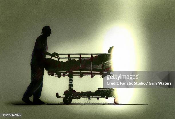 a concept image of a nurse pushing a patient into light symbolising assisted dying - sterbehilfe stock-grafiken, -clipart, -cartoons und -symbole