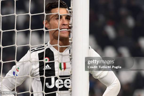 Cristiano Ronaldo of Juventus shows his dejection during the Serie A match between Juventus and Frosinone Calcio on February 15, 2019 in Turin, Italy.