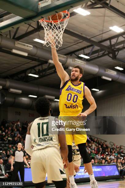 Spencer Hawes of the South Bay Lakers shoots against Robert Johnson of the Wisconsin Herd during the G League game at the Menominee Nation Arena on...