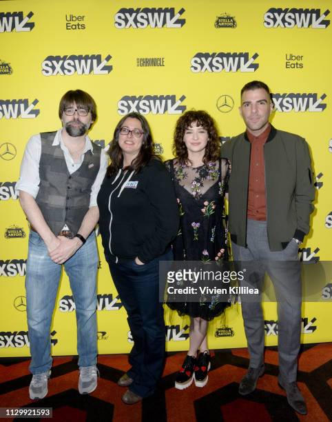 Joe Hill, Jami O'Brien, Ashleigh Cummings and Zachary Quinto attend SXSW 2019 "Nos4a2" Screening and Panel on March 11, 2019 in Austin, Texas.