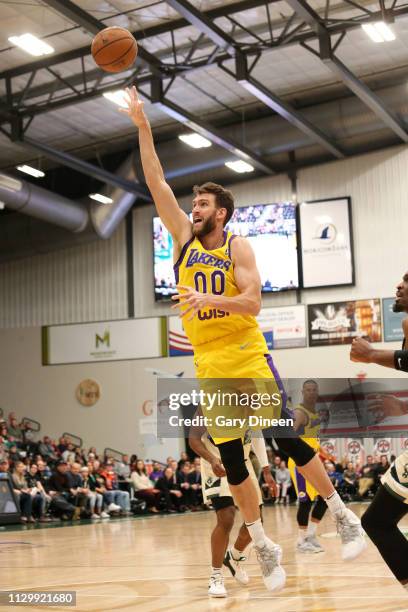 Spencer Hawes of the South Bay Lakers shoots against the Wisconsin Herd during the G League game at the Menominee Nation Arena on March 11, 2019 in...