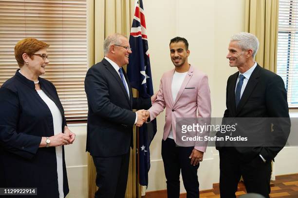 Prime Minister Scott Morrison meets with Hakeem al-Araibi at the Commonwealth Offices on March 12, 2019 in Melbourne, Australia. Bahraini refugee...