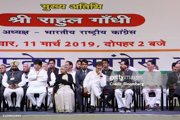 Rahul Gandhi, president of the Indian National Congress party, center, attends an event organized by the Delhi Pradesh Congress Committee for INC...