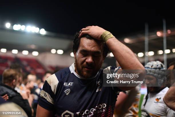 Dejected Steven Luatua of Bristol Bears walks off after the match during the Gallagher Premiership Rugby match between Bristol Bears and Wasps at...