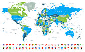 World Map and Most Popular Flags - borders, countries and cities -illustration