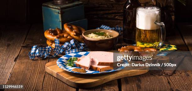 bavarian meatloaf with sweet mustard - leberkäse stock pictures, royalty-free photos & images