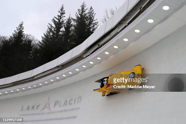 Mica McNeill and Aleasha Kiddle of Great Britain compete during the second run of the two-woman bobsled race on day 1 of the 2019 IBSF World Cup...