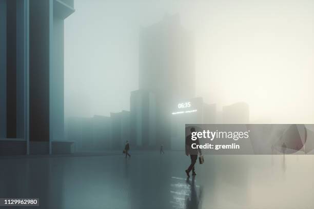 futuristic dystopian city with walking businessmen - doom patrol stock pictures, royalty-free photos & images