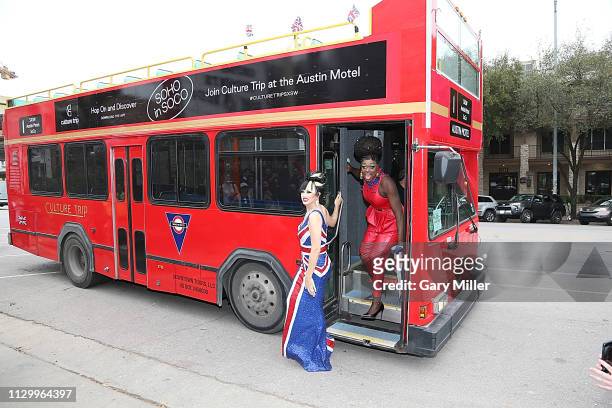 Manila Luzon and Bob the Drag Queen pose with a Culture Trip London Double Decker Bus as Part of 'Soho in SoCo' during the 2019 SXSW Conference And...
