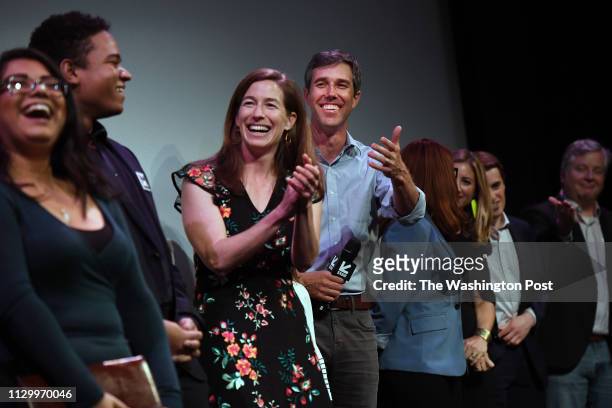 Amy Hoover Sanders and her husband, Beto O'Rourke are seen at the Paramount Theatre after the documentary on him, "Running with Beto" was shown on...