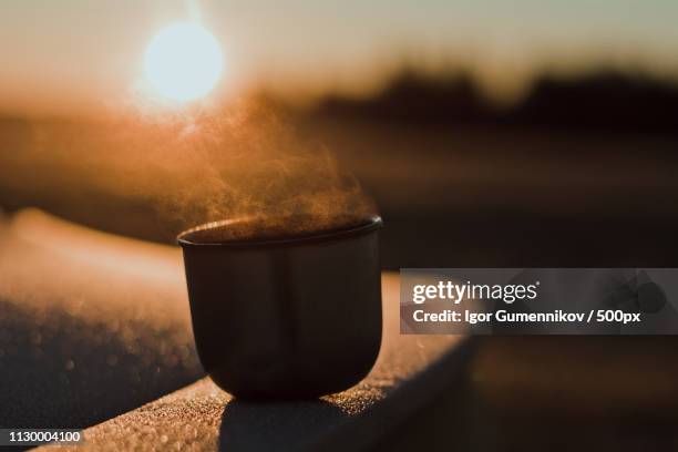 steam from a hot tea mug from a thermos, which is illuminated by the winter morning sun in the - kettle steam stock pictures, royalty-free photos & images