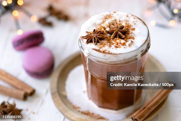 hot chocolate with coconut whipped cream - winter warm stock pictures, royalty-free photos & images