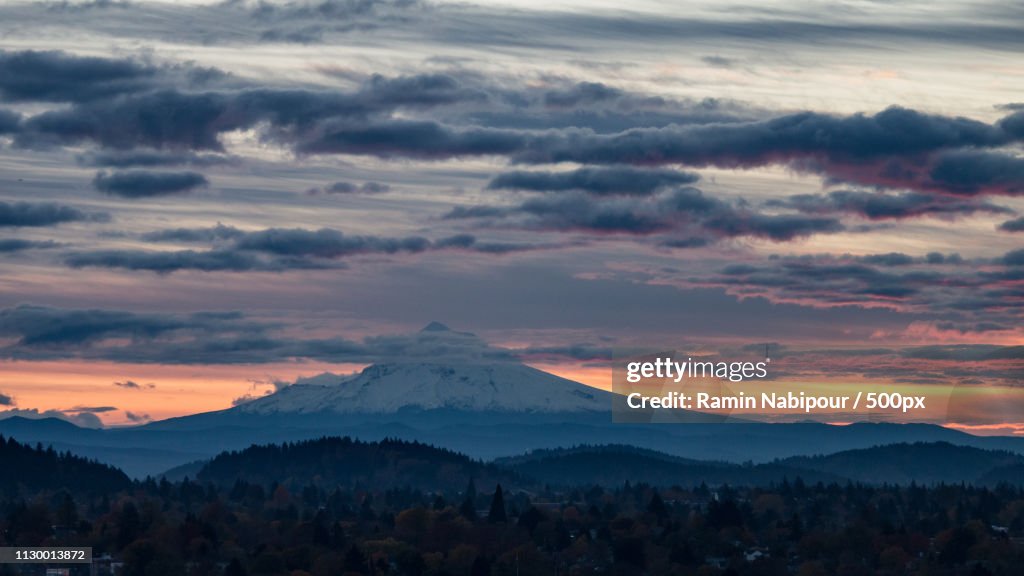 Snowcapped mountain under moody sky