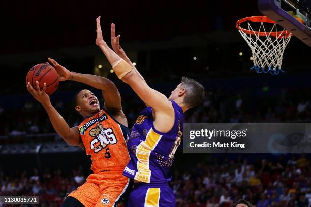Devon Hall of the Taipans drives to the basket during the round 18 NBL match between the Sydney Kings and the Cairns Taipans at Qudos Bank Arena on...