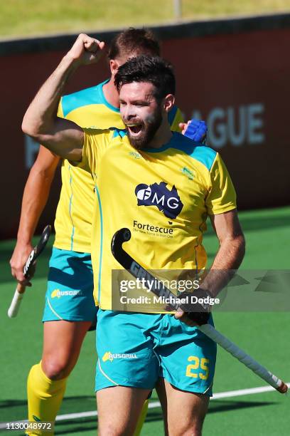 Trent Mitton of Australia celebrates a goal during the Men's FIH Field Hockey Pro League match between Australia and Great Britain on February 16,...