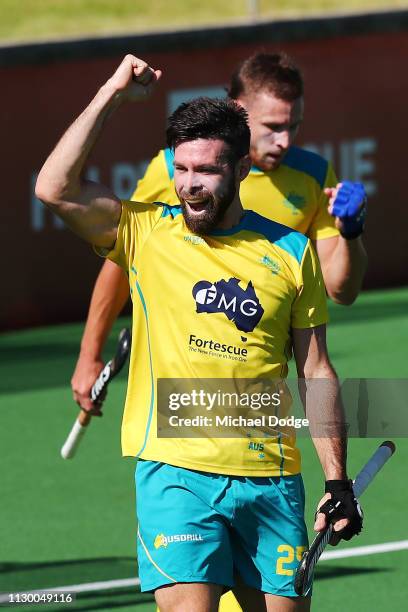 Trent Mitton of Australia celebrates a goal during the Men's FIH Field Hockey Pro League match between Australia and Great Britain on February 16,...