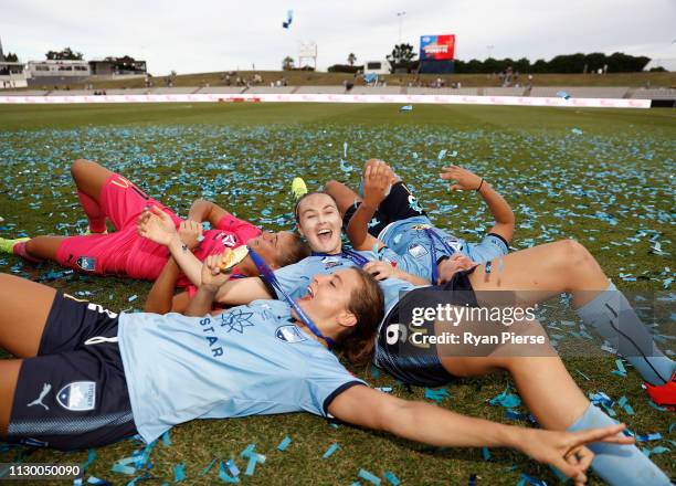 Caitlin Foord, Sofia Huerta, Aubrey Bledsoe and Danielle Colaprico of Sydney FC celebrate victory after the W-League Grand Final match between Sydney...