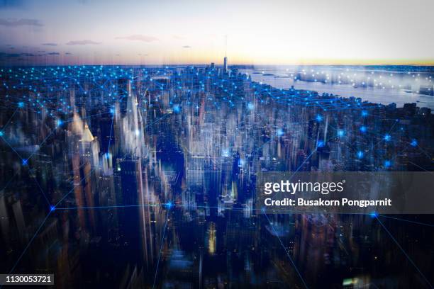 technology smart city with network communication internet of thing.  internet concept of global business in new york, usa. - city graphic stockfoto's en -beelden