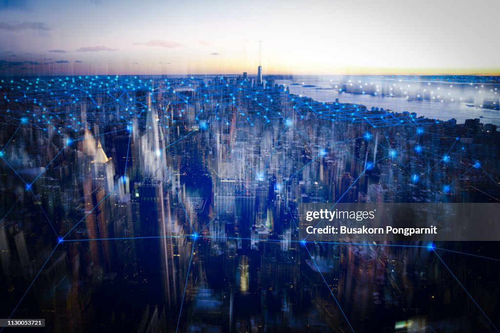 Technology smart city with network communication internet of thing. Internet concept of global business in New york, USA.
